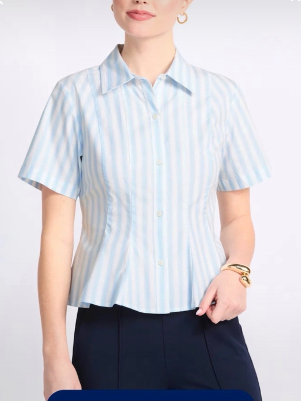 Women's Light Blue & White Striped Short-Sleeve Button Blouse